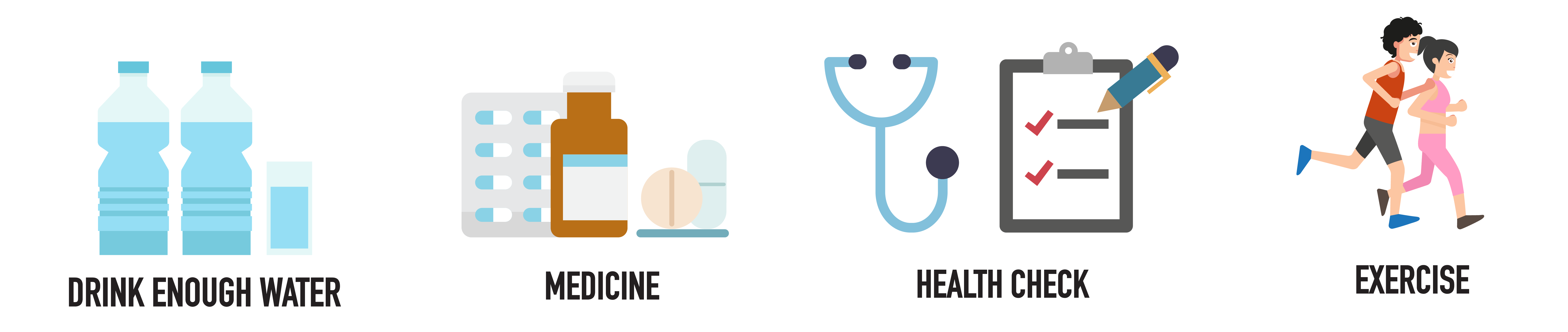 Illustration of kidney stone prevention tips: drink enough water, take prescribed medicine, regular health check-ups, and exercise.