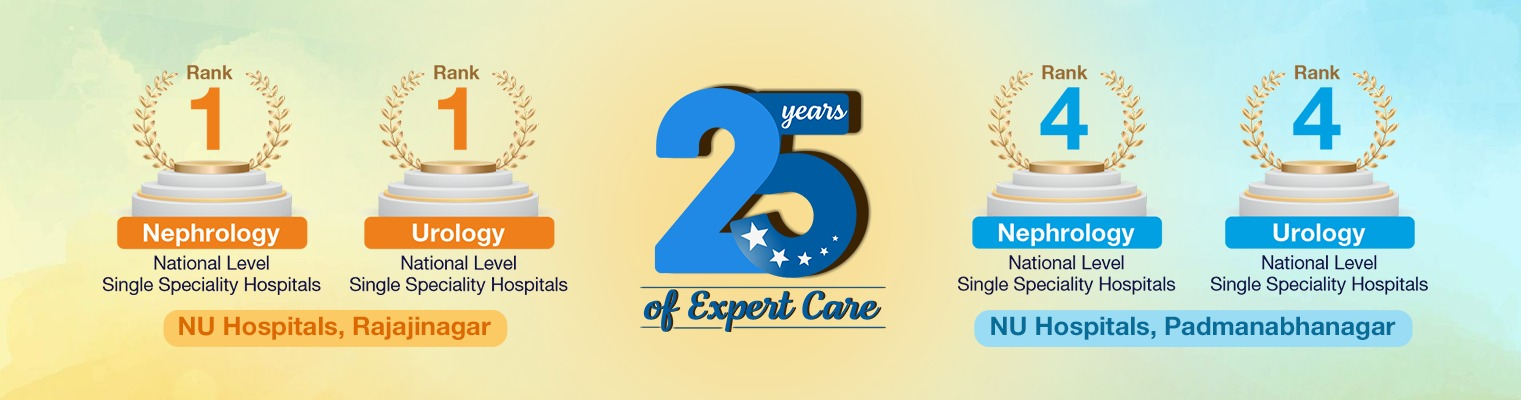 #1 Ranked Urology and Nephrology Hospital in Bangalore - NU Hospitals, Rajajinagar and Padmanabhanagar, celebrating 25 years of expert care, with national-level rankings in single speciality hospitals.